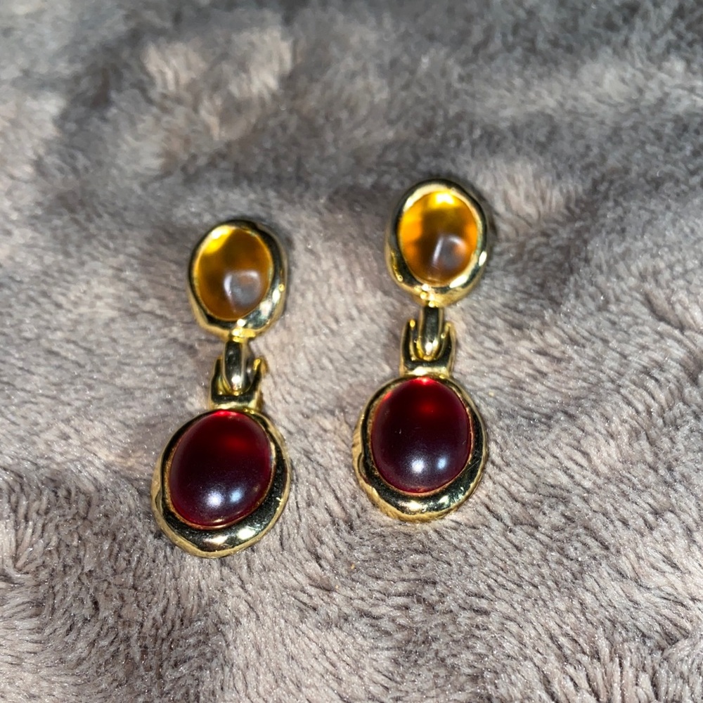 Elegant Gold Tone and Red Drop Earrings